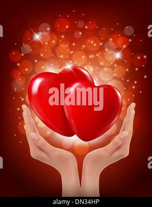Valentine`s day background. Hands holding two red hearts. Vector Stock Vector